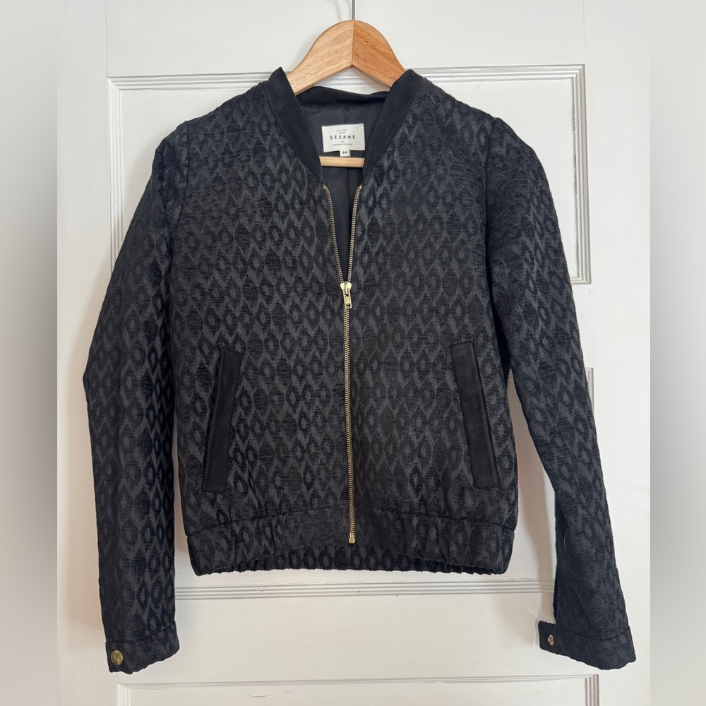 Sezane 34 Black Patterned Bomber Jacket Blazer - image 1